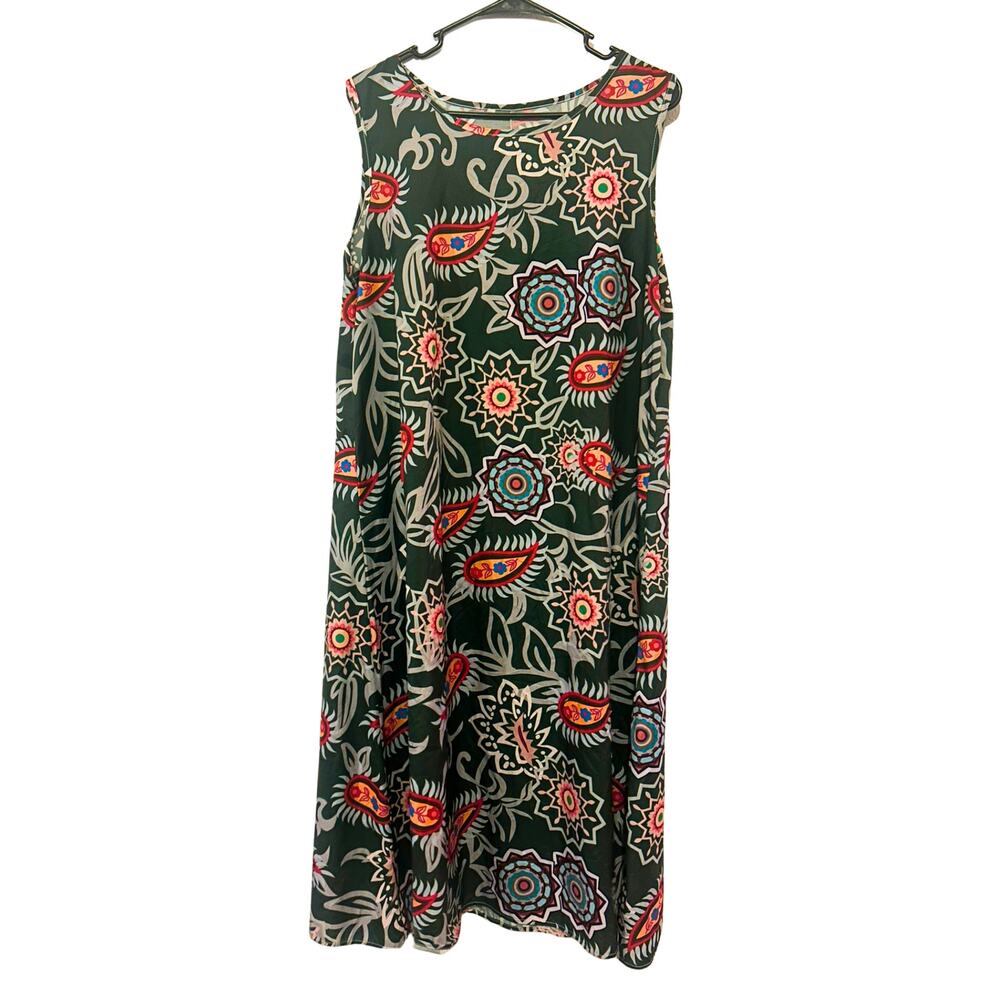 Green Paisley Mandala Print Midi Dress L Boho Tank Dress Festival Rave Vacation